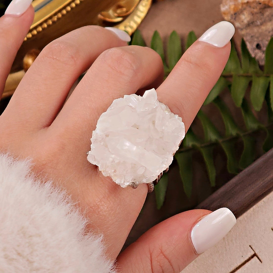 Raw White Crystal Adjustable Ring – Natural Mineral Stone Ring, Handmade One of a Kind Jewelry-074