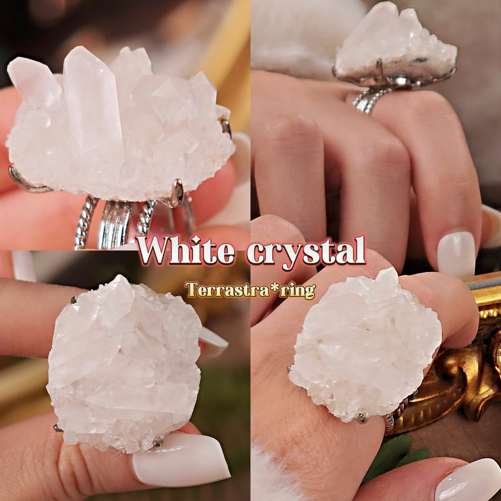 Raw White Crystal Adjustable Ring – Natural Mineral Stone Ring, Handmade One of a Kind Jewelry-074