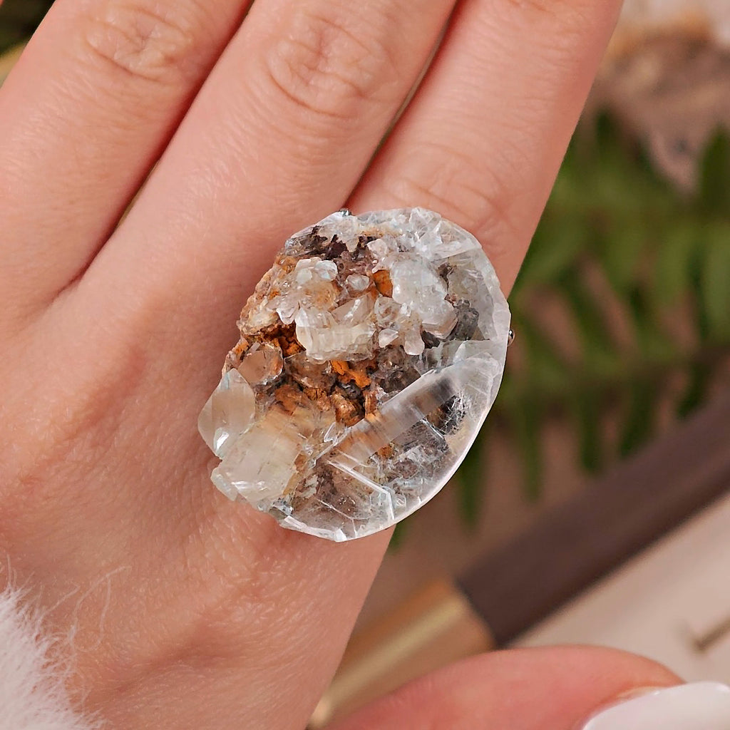 Raw Gibbsite&Gypsum Adjustable Ring – Natural Mineral Stone Ring, Handmade One of a Kind Jewelry-075
