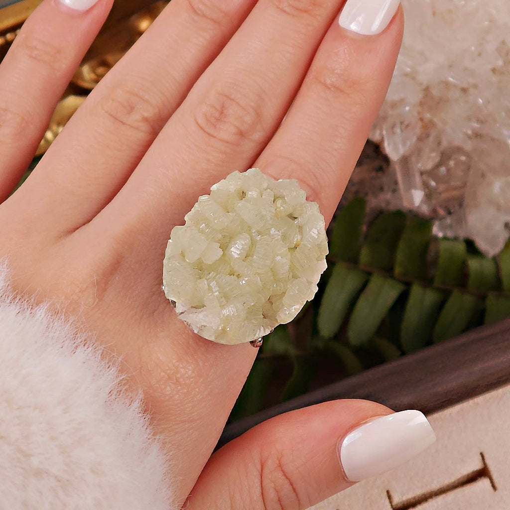 Raw Prehnite Adjustable Ring – Natural Mineral Stone Ring, Handmade One of a Kind Jewelry-076