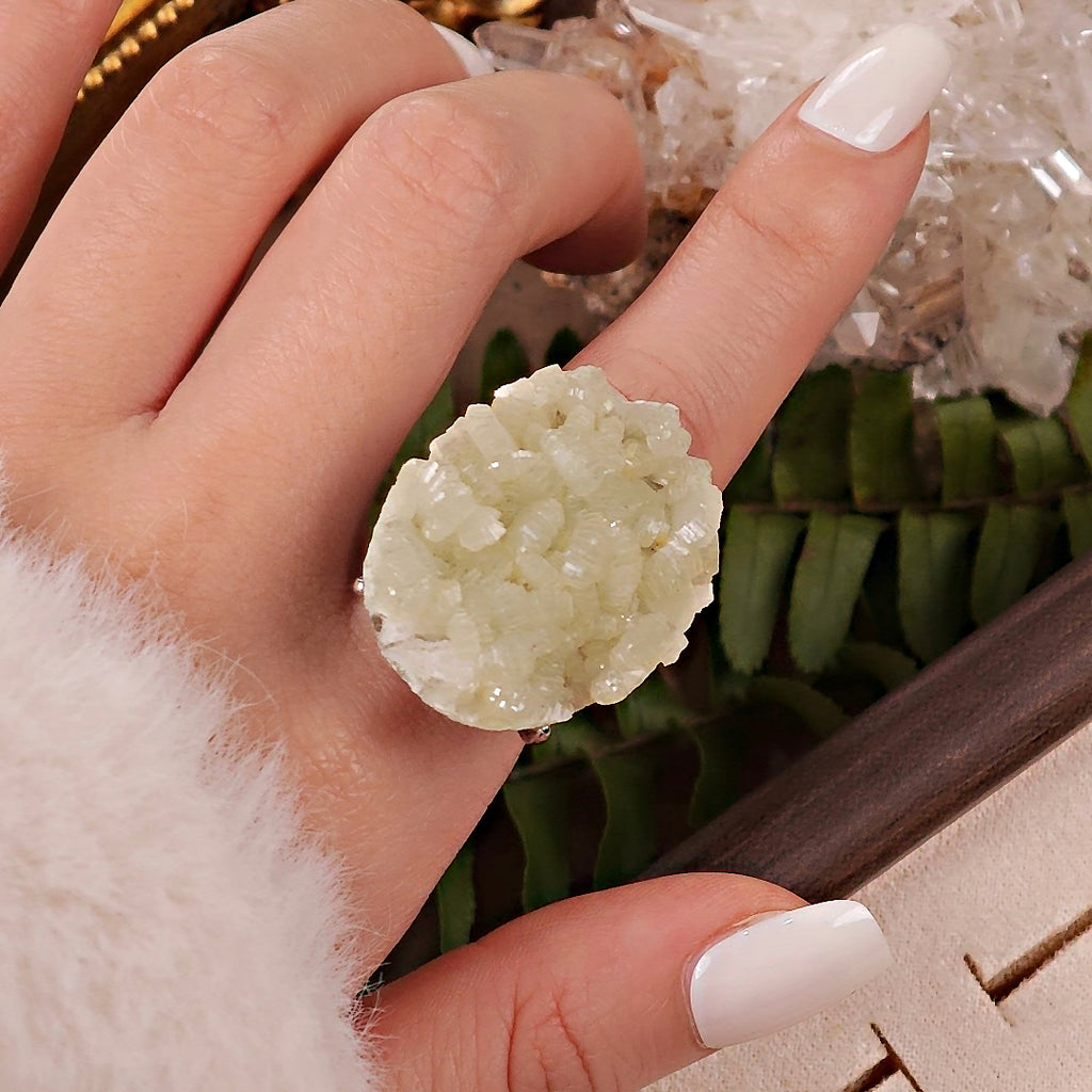 Raw Prehnite Adjustable Ring – Natural Mineral Stone Ring, Handmade One of a Kind Jewelry-076