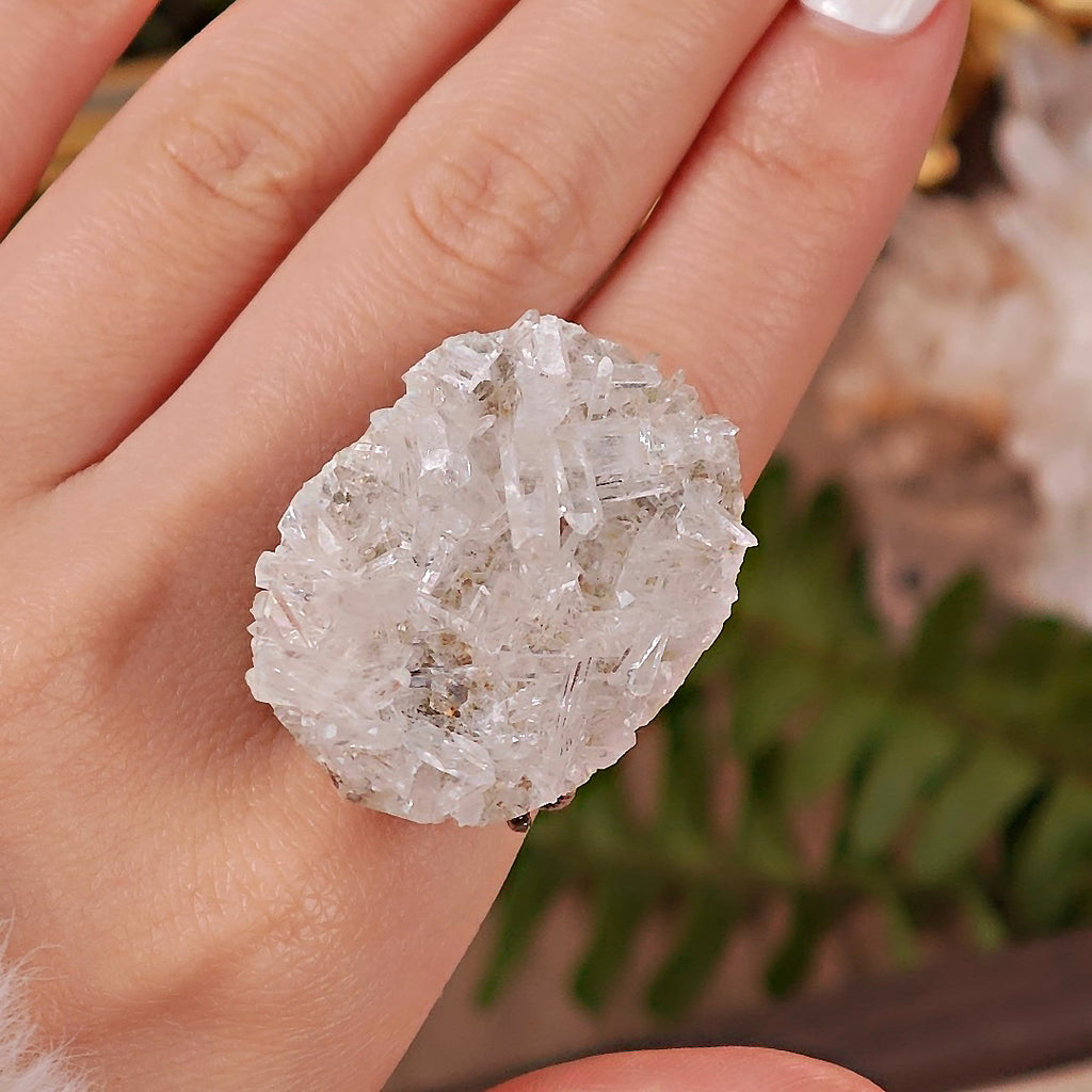 Raw White Crystal Adjustable Ring – Natural Mineral Stone Ring, Handmade One of a Kind Jewelry-078