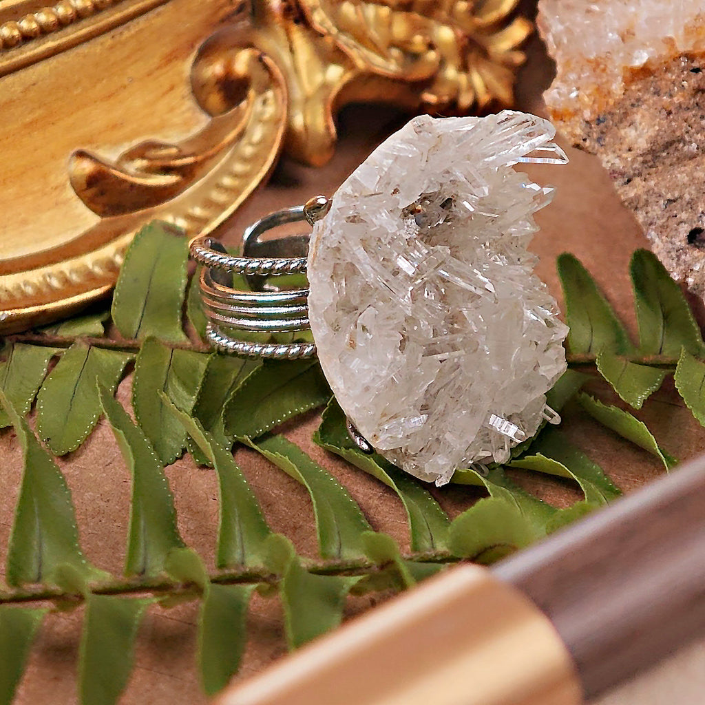Raw White Crystal Adjustable Ring – Natural Mineral Stone Ring, Handmade One of a Kind Jewelry-078