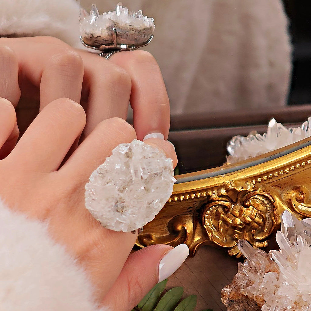 Raw White Crystal Adjustable Ring – Natural Mineral Stone Ring, Handmade One of a Kind Jewelry-078
