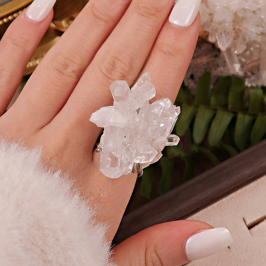 Raw White Crystal Adjustable Ring – Natural Mineral Stone Ring, Handmade One of a Kind Jewelry-079