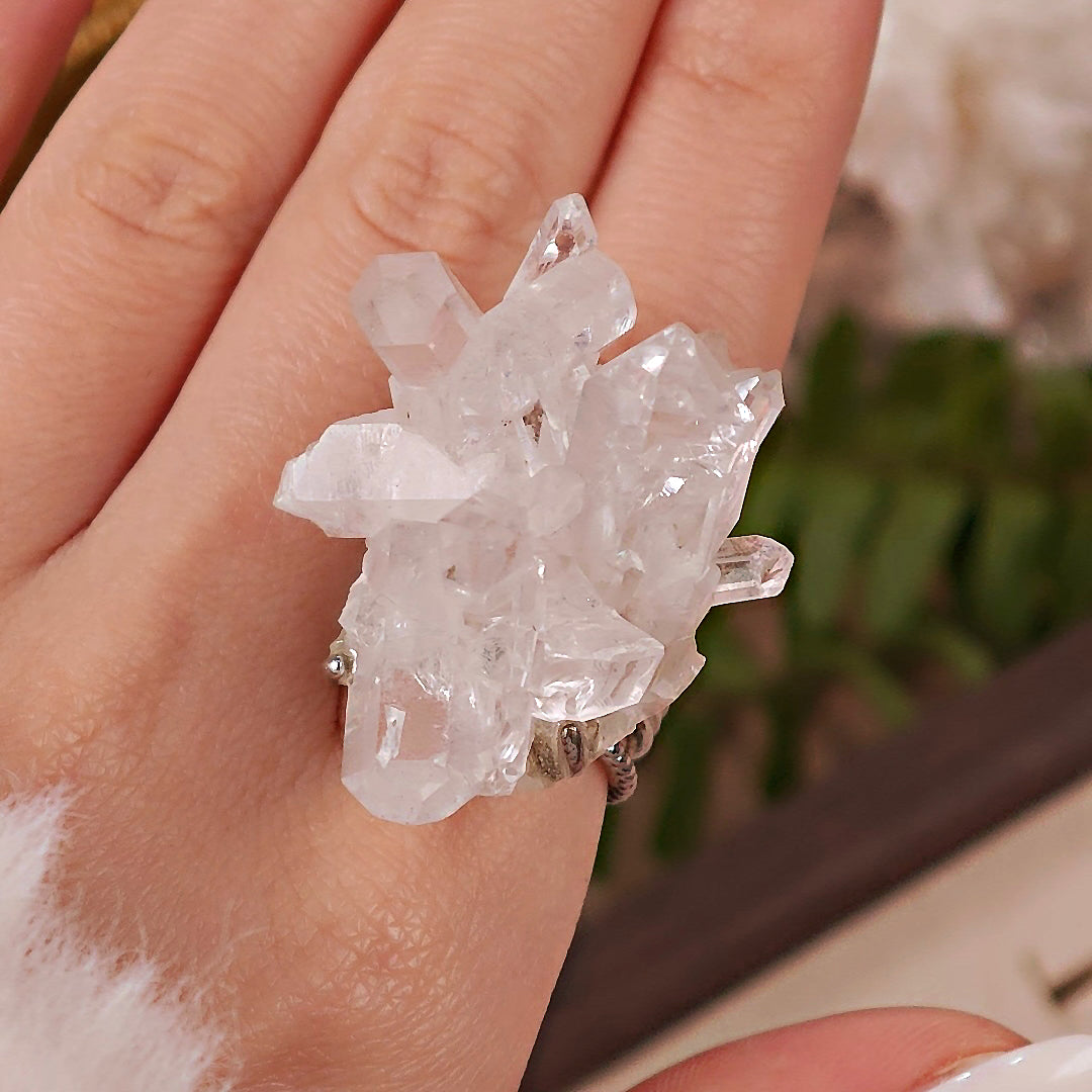 Raw White Crystal Adjustable Ring – Natural Mineral Stone Ring, Handmade One of a Kind Jewelry-079