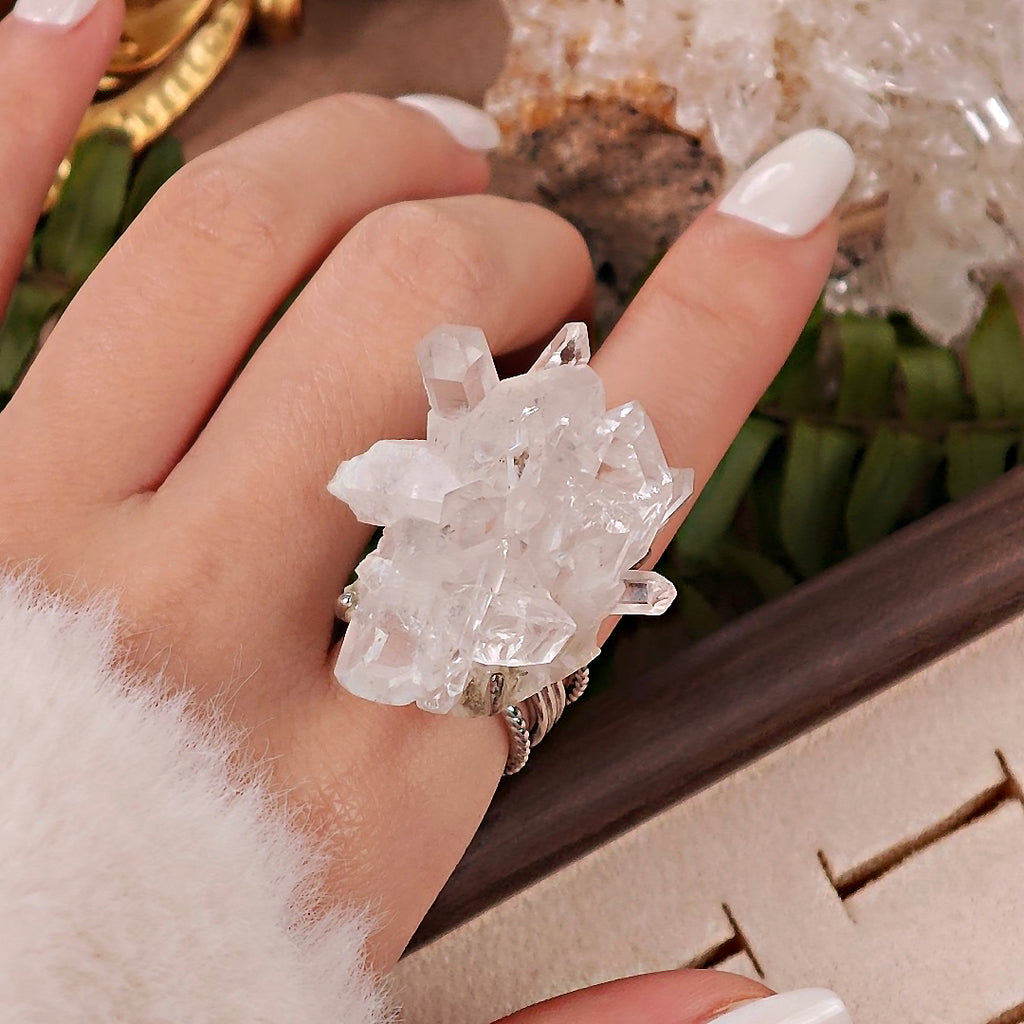 Raw White Crystal Adjustable Ring – Natural Mineral Stone Ring, Handmade One of a Kind Jewelry-079