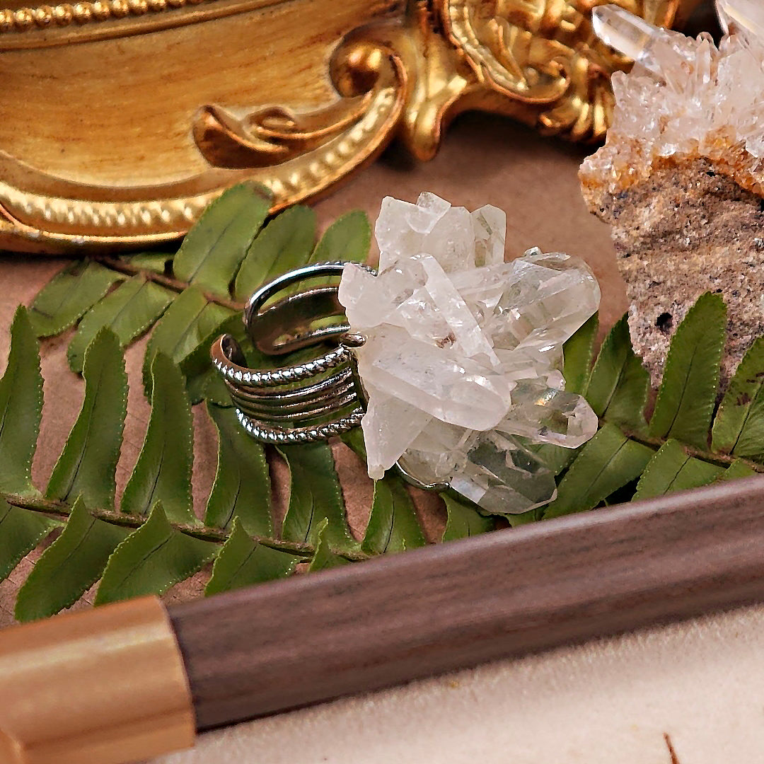 Raw White Crystal Adjustable Ring – Natural Mineral Stone Ring, Handmade One of a Kind Jewelry-079