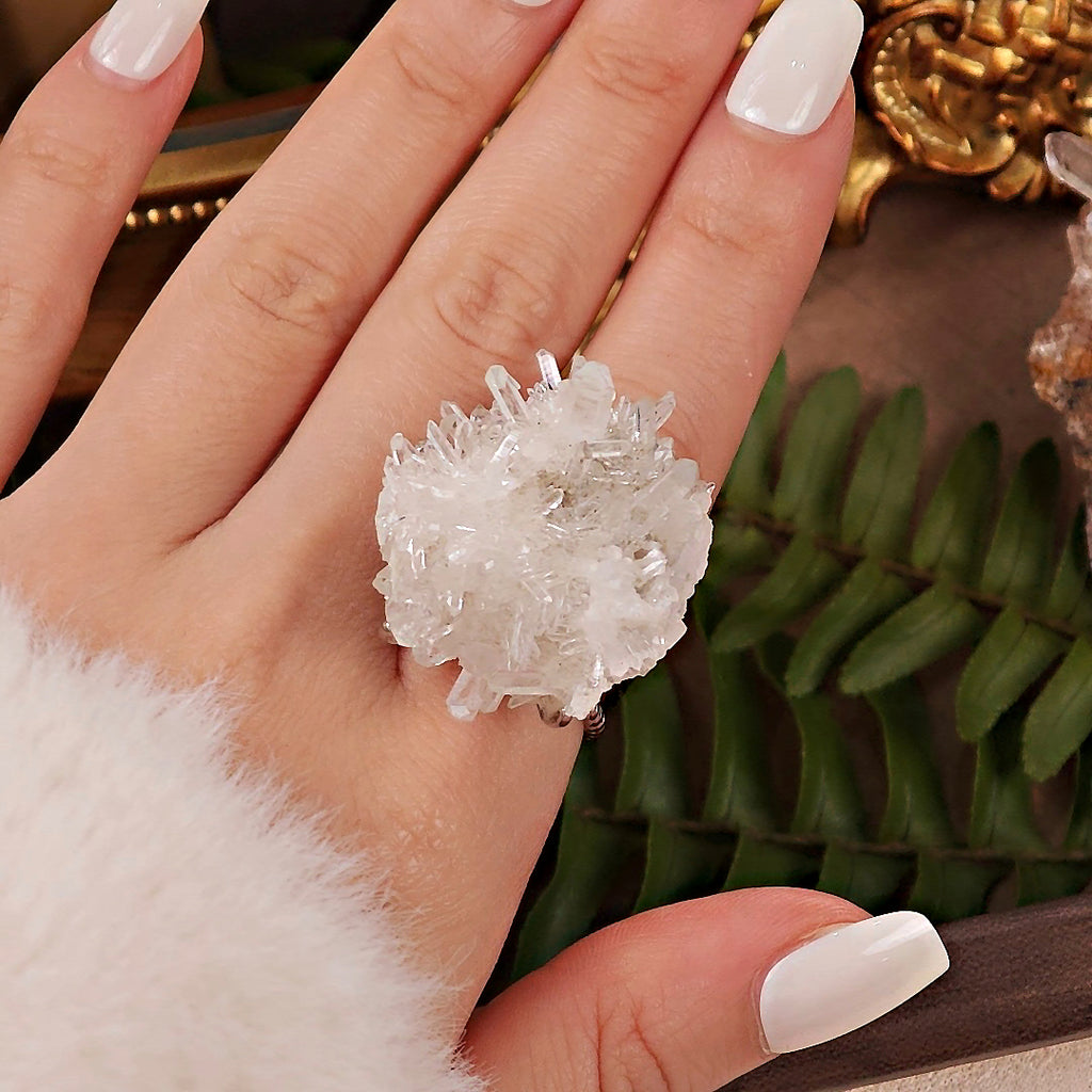Raw White Crystal Adjustable Ring – Natural Mineral Stone Ring, Handmade One of a Kind Jewelry-080