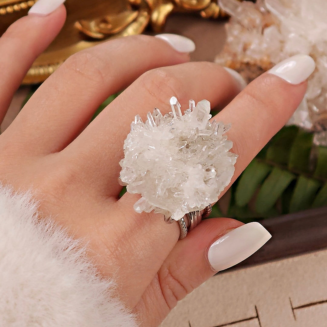 Raw White Crystal Adjustable Ring – Natural Mineral Stone Ring, Handmade One of a Kind Jewelry-080
