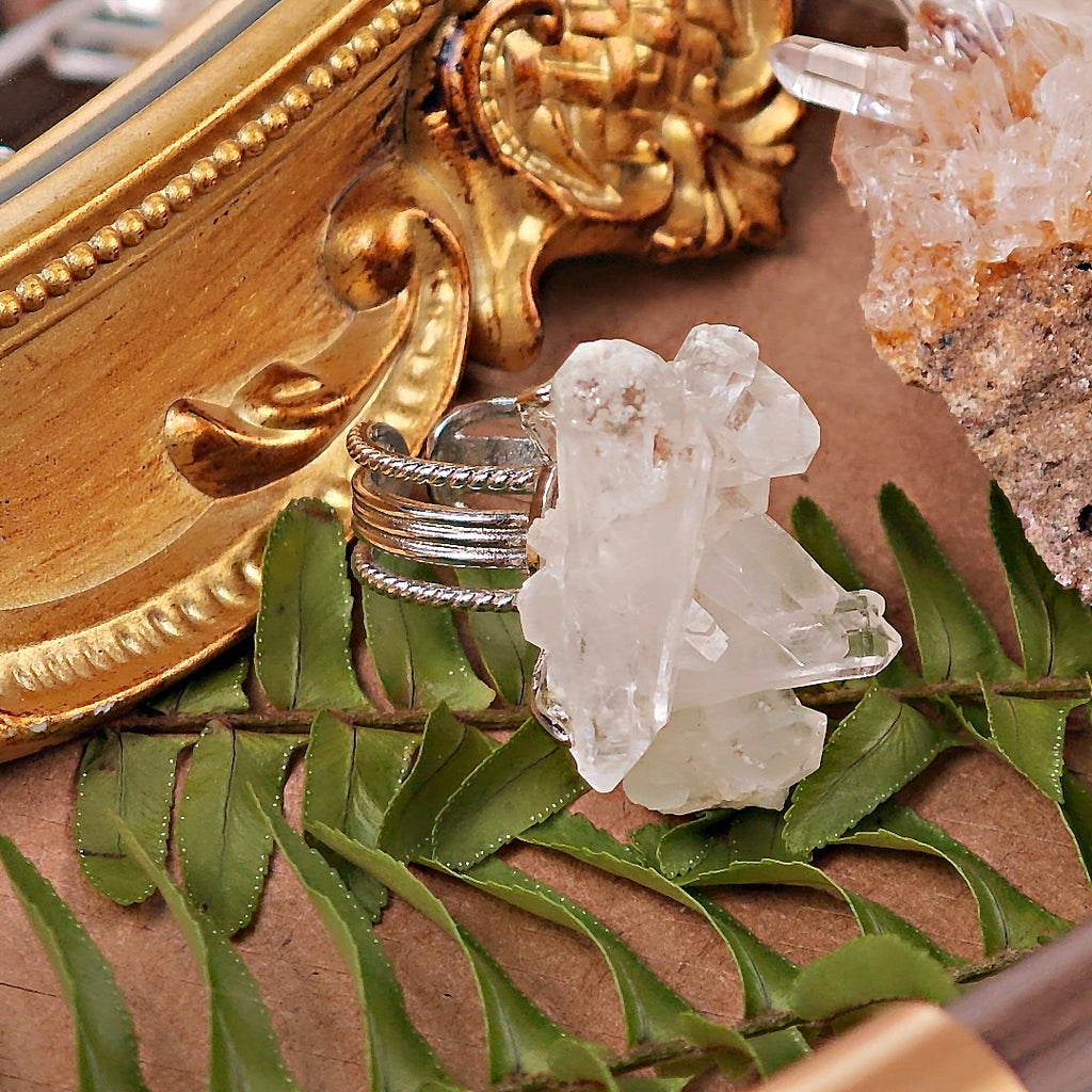 Raw White Crystal Adjustable Ring – Natural Mineral Stone Ring, Handmade One of a Kind Jewelry-081