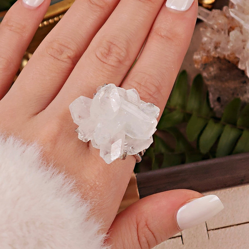 Raw Apophyllite Adjustable Ring – Natural Mineral Stone Ring, Handmade One of a Kind Jewelry-082