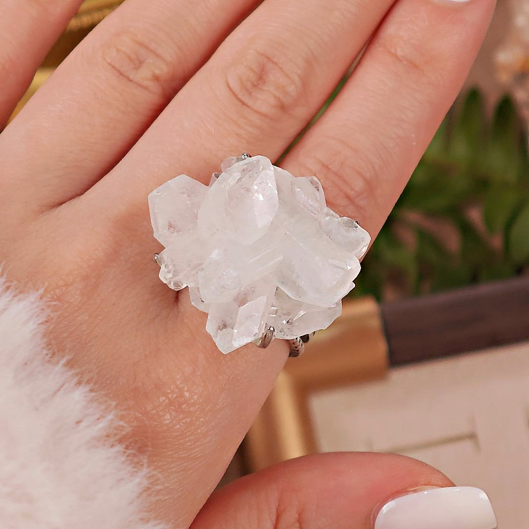 Raw Apophyllite Adjustable Ring – Natural Mineral Stone Ring, Handmade One of a Kind Jewelry-082