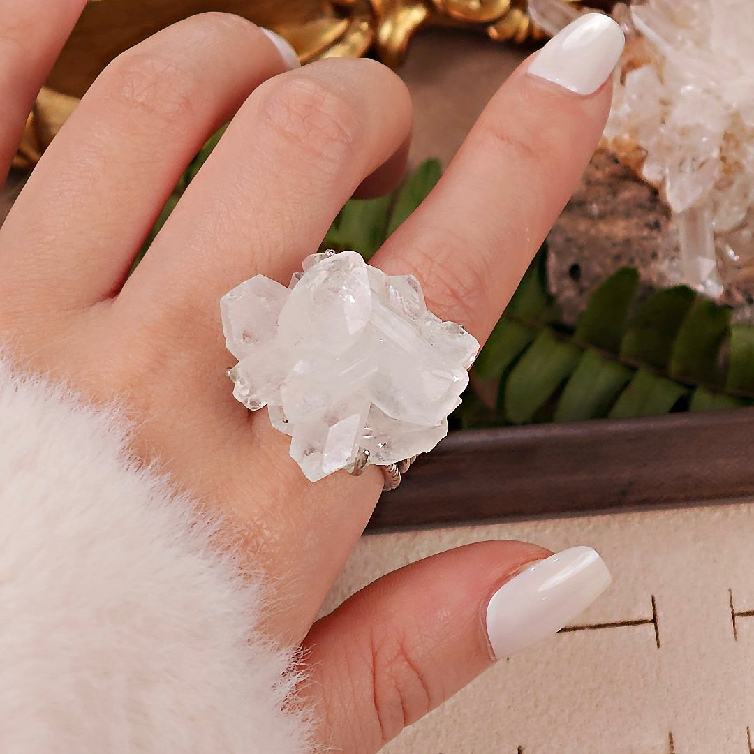 Raw Apophyllite Adjustable Ring – Natural Mineral Stone Ring, Handmade One of a Kind Jewelry-082