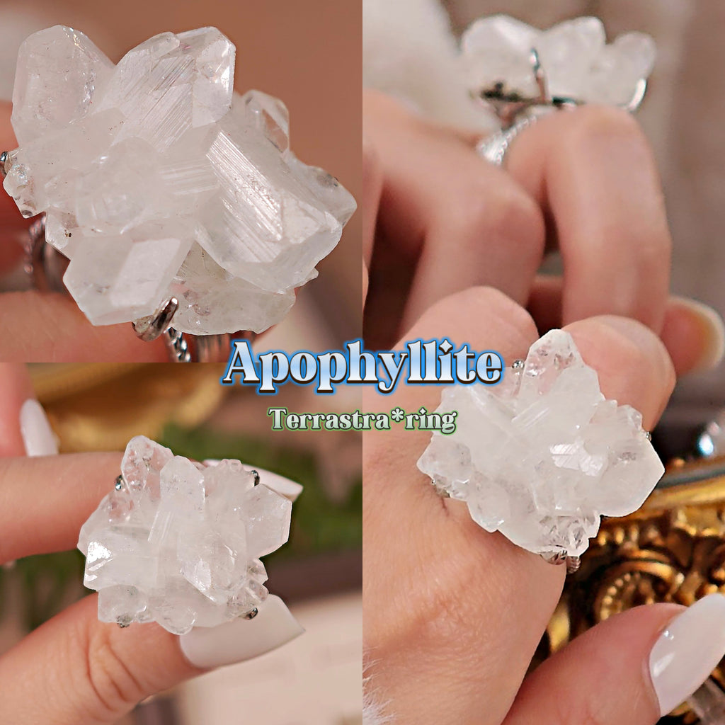 Raw Apophyllite Adjustable Ring – Natural Mineral Stone Ring, Handmade One of a Kind Jewelry-082
