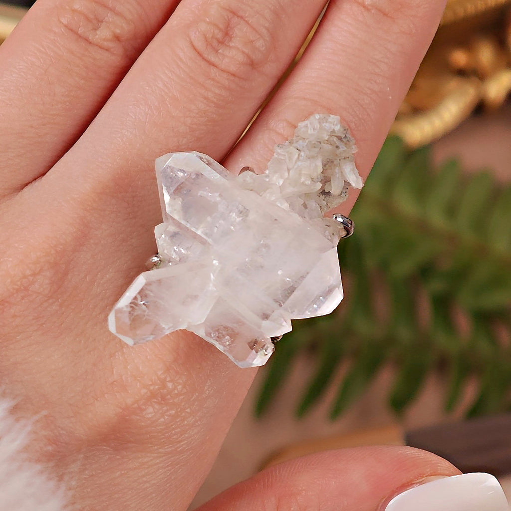 Raw White Crystal Adjustable Ring – Natural Mineral Stone Ring, Handmade One of a Kind Jewelry-084