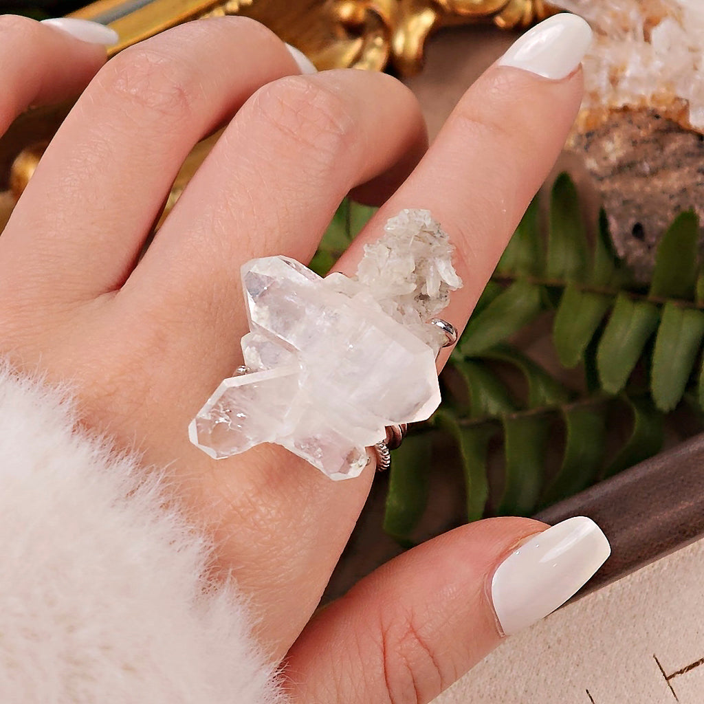 Raw White Crystal Adjustable Ring – Natural Mineral Stone Ring, Handmade One of a Kind Jewelry-084
