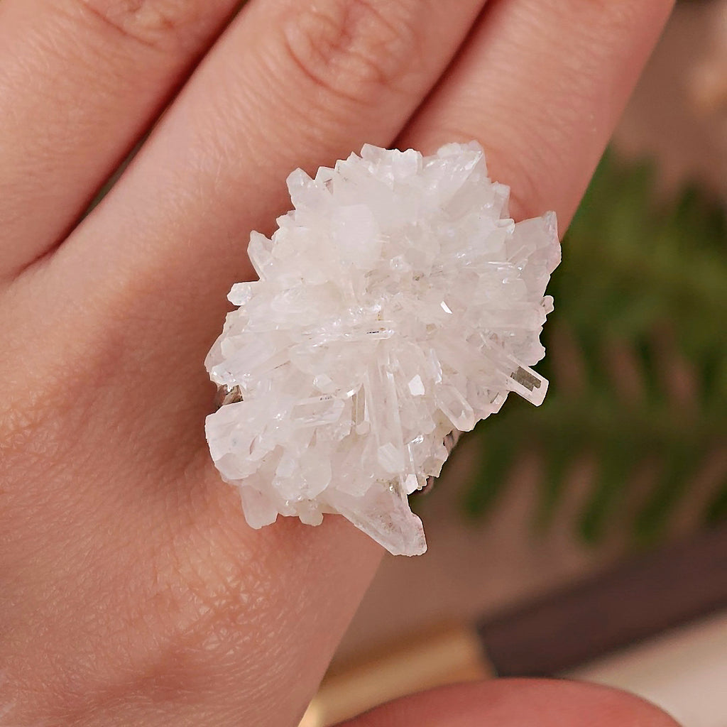 Raw White Crystal Adjustable Ring – Natural Mineral Stone Ring, Handmade One of a Kind Jewelry-085