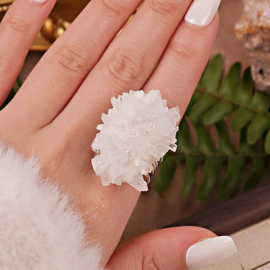 Raw White Crystal Adjustable Ring – Natural Mineral Stone Ring, Handmade One of a Kind Jewelry-085