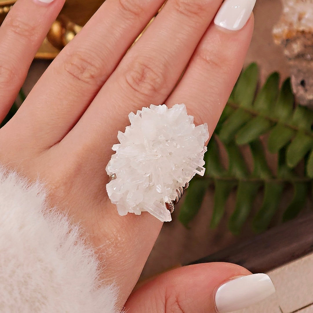 Raw White Crystal Adjustable Ring – Natural Mineral Stone Ring, Handmade One of a Kind Jewelry-085