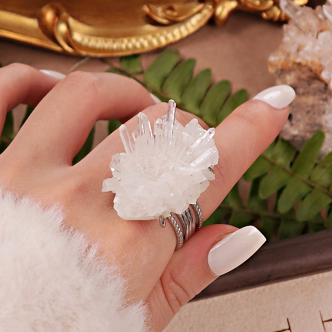 Raw White Crystal Adjustable Ring – Natural Mineral Stone Ring, Handmade One of a Kind Jewelry-085