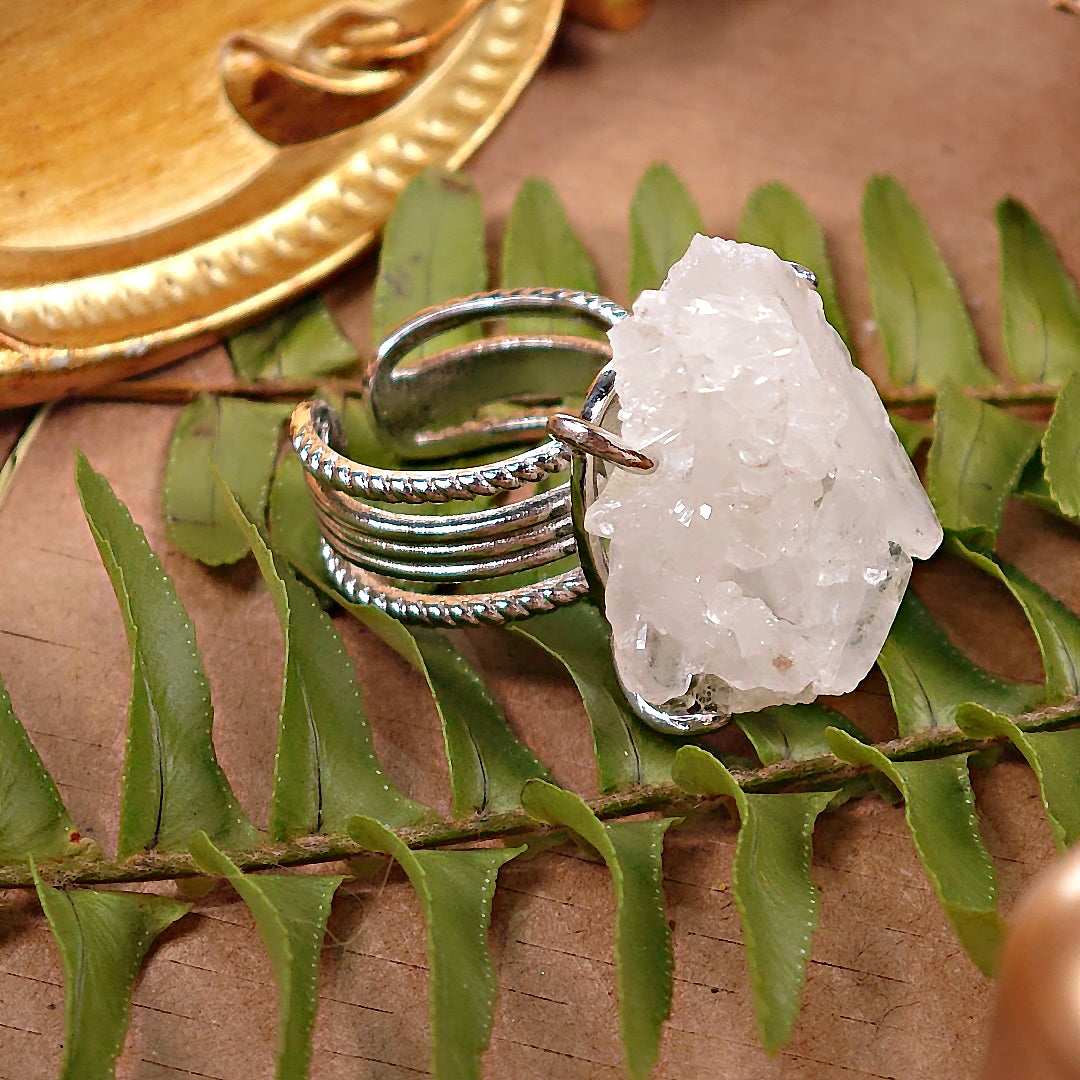Raw White Crystal Adjustable Ring – Natural Mineral Stone Ring, Handmade One of a Kind Jewelry-087