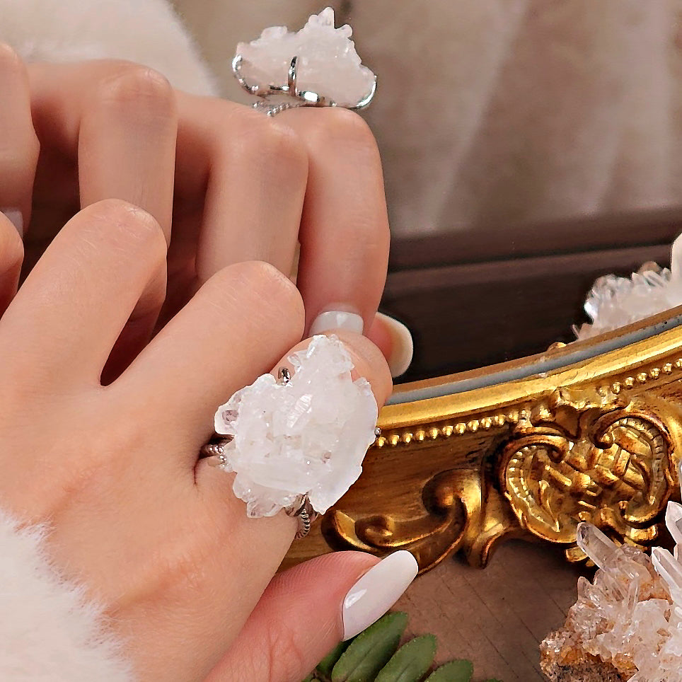 Raw White Crystal Adjustable Ring – Natural Mineral Stone Ring, Handmade One of a Kind Jewelry-087