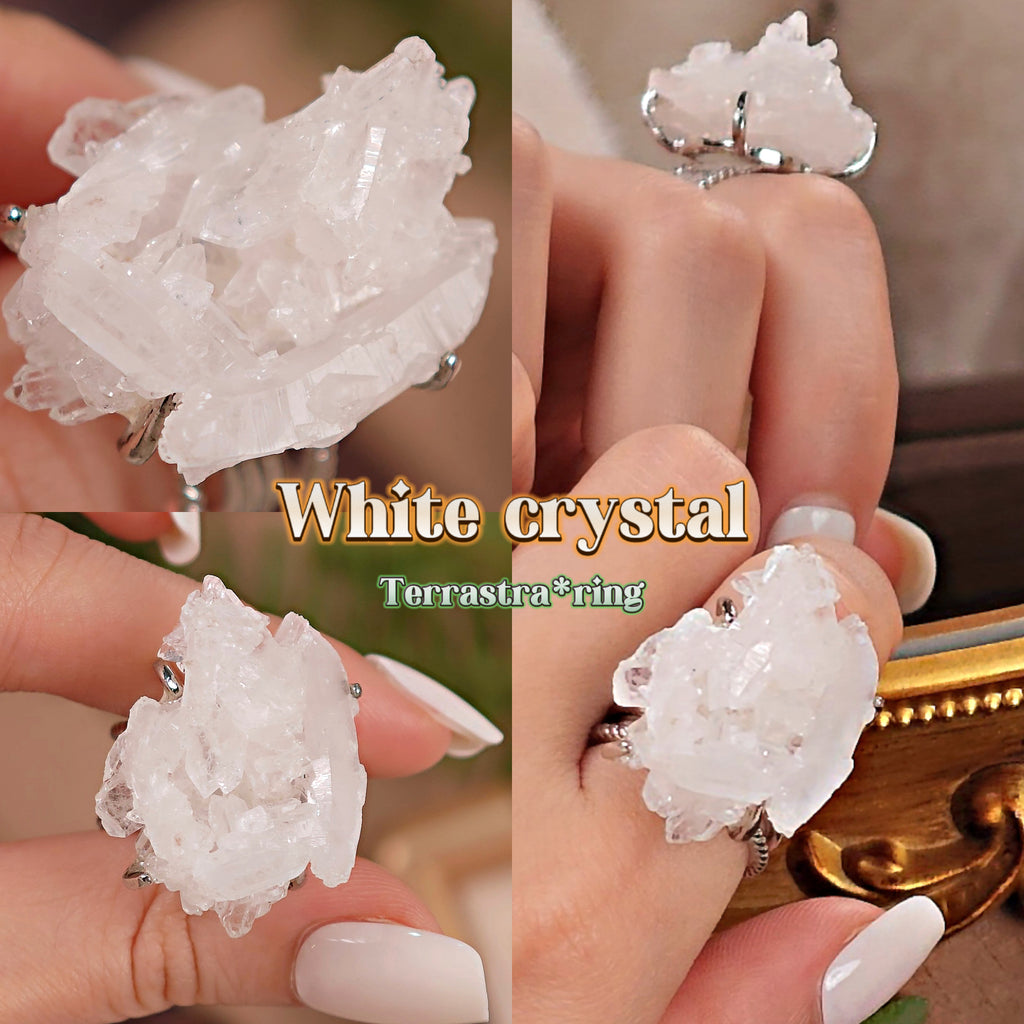 Raw White Crystal Adjustable Ring – Natural Mineral Stone Ring, Handmade One of a Kind Jewelry-087