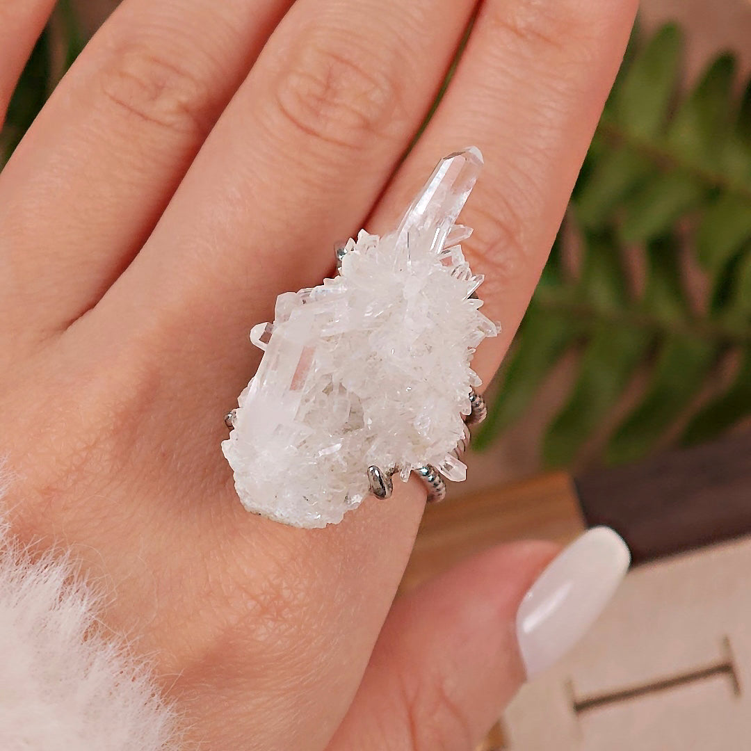 Raw White Crystal Adjustable Ring – Natural Mineral Stone Ring, Handmade One of a Kind Jewelry-088