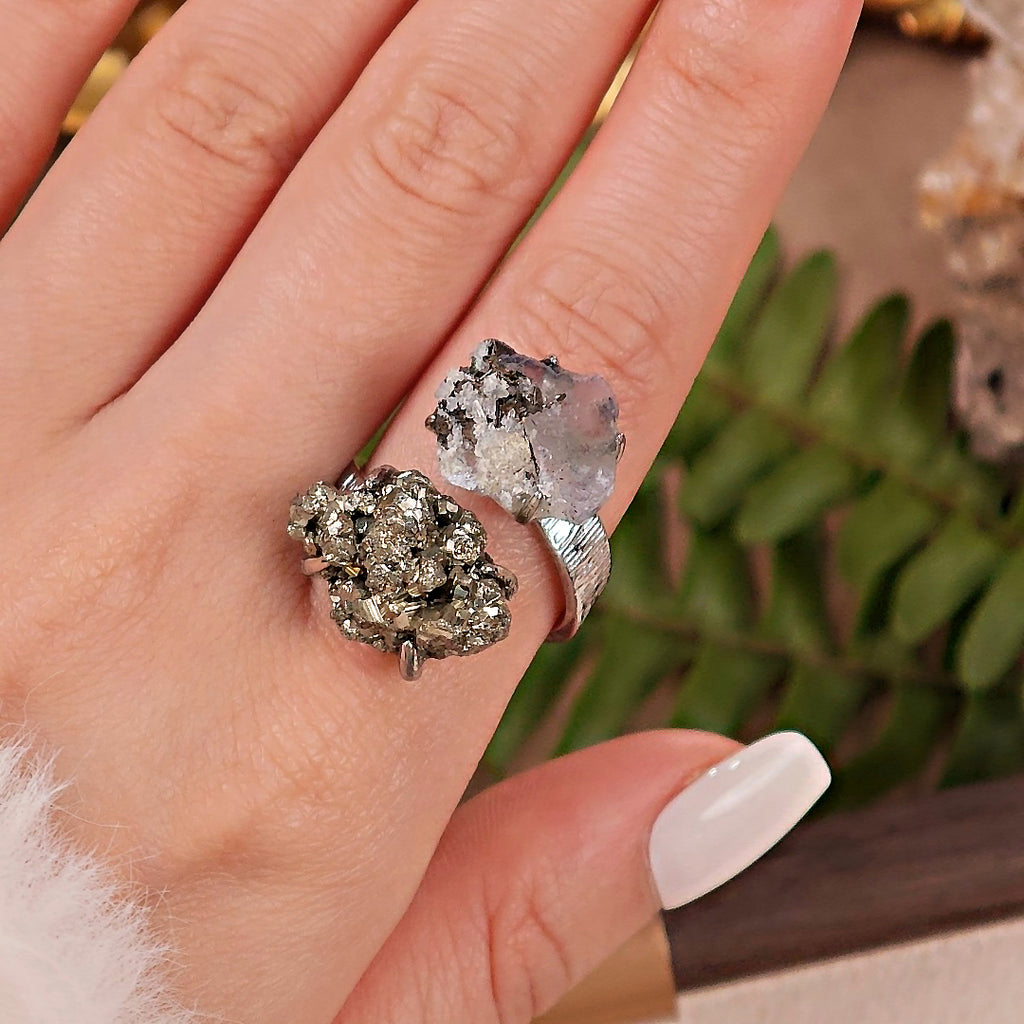Raw Fluorite&Chalcopyrite Adjustable Ring – Natural Mineral Stone Ring, Handmade One of a Kind Jewelry-091