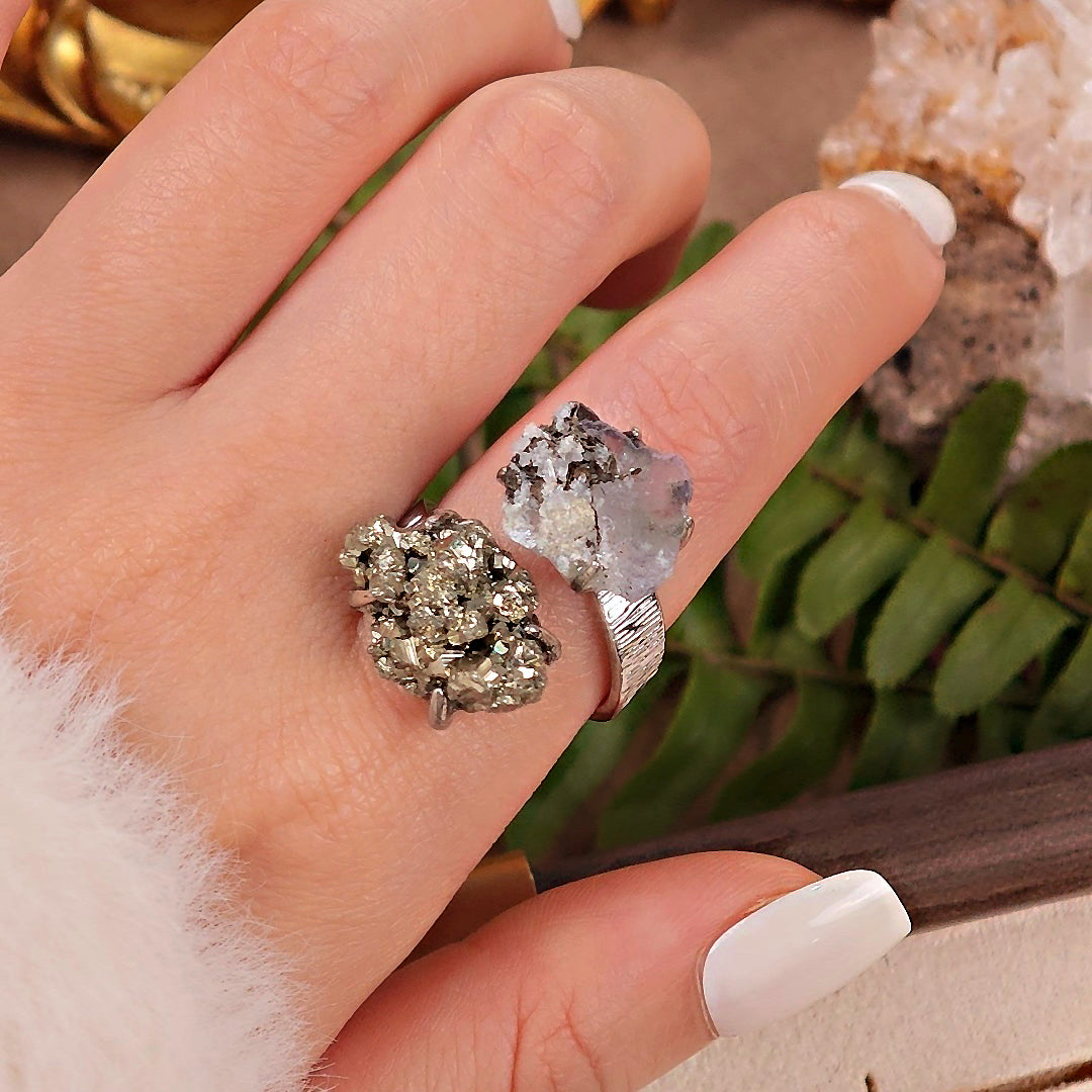 Raw Fluorite&Chalcopyrite Adjustable Ring – Natural Mineral Stone Ring, Handmade One of a Kind Jewelry-091
