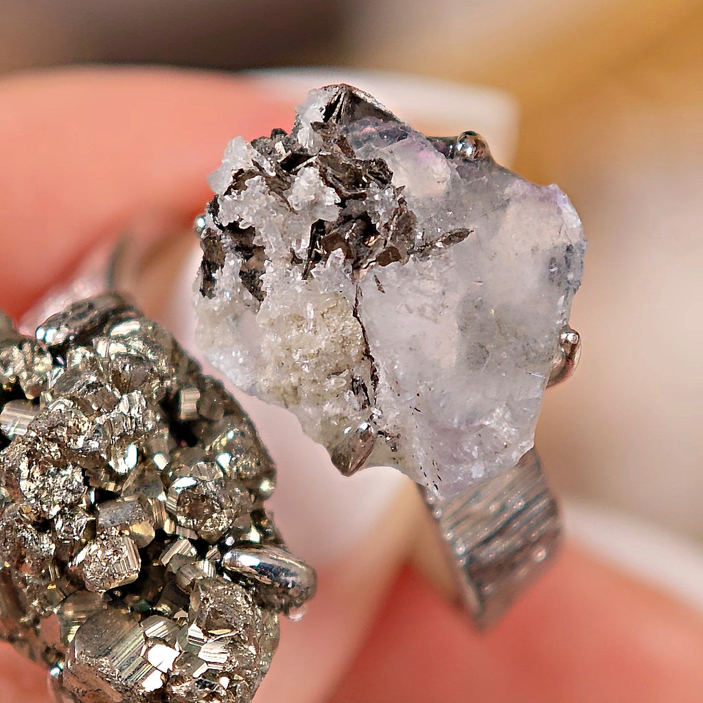Raw Fluorite&Chalcopyrite Adjustable Ring – Natural Mineral Stone Ring, Handmade One of a Kind Jewelry-091