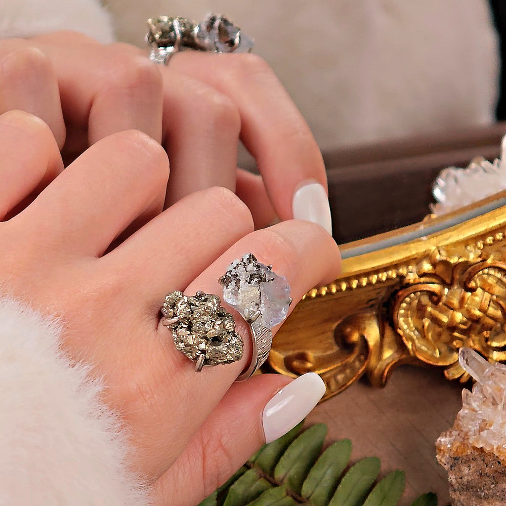 Raw Fluorite&Chalcopyrite Adjustable Ring – Natural Mineral Stone Ring, Handmade One of a Kind Jewelry-091