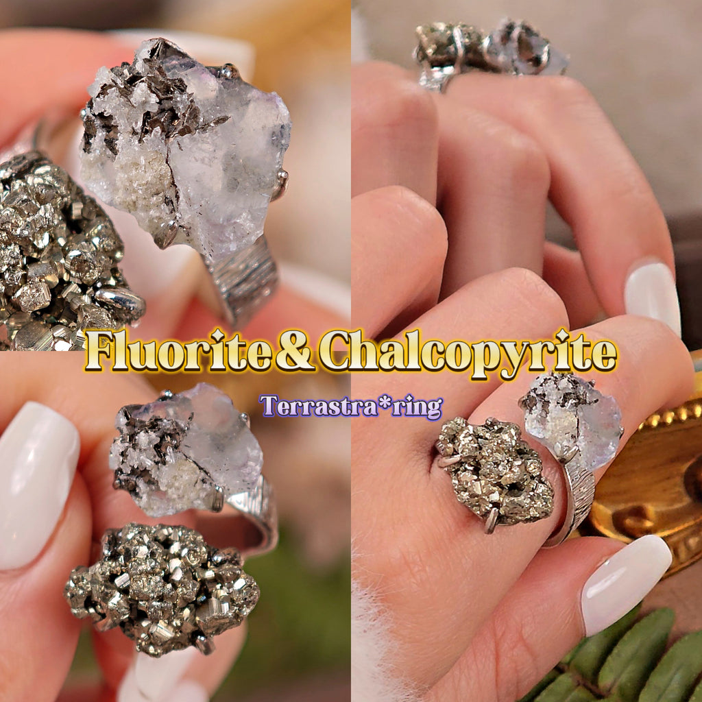 Raw Fluorite&Chalcopyrite Adjustable Ring – Natural Mineral Stone Ring, Handmade One of a Kind Jewelry-091