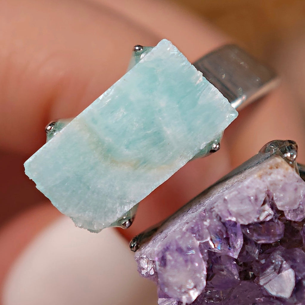 Raw Amethyst&Larimar Adjustable Ring – Natural Mineral Stone Ring, Handmade One of a Kind Jewelry-092