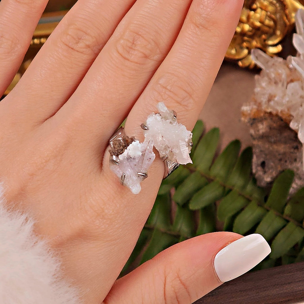 Raw Crystal&Creedite Adjustable Ring – Natural Mineral Stone Ring, Handmade One of a Kind Jewelry-093