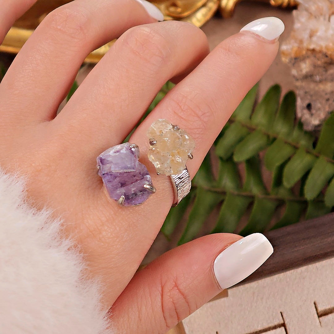 Raw Fluorite Adjustable Ring – Natural Mineral Stone Ring, Handmade One of a Kind Jewelry-094