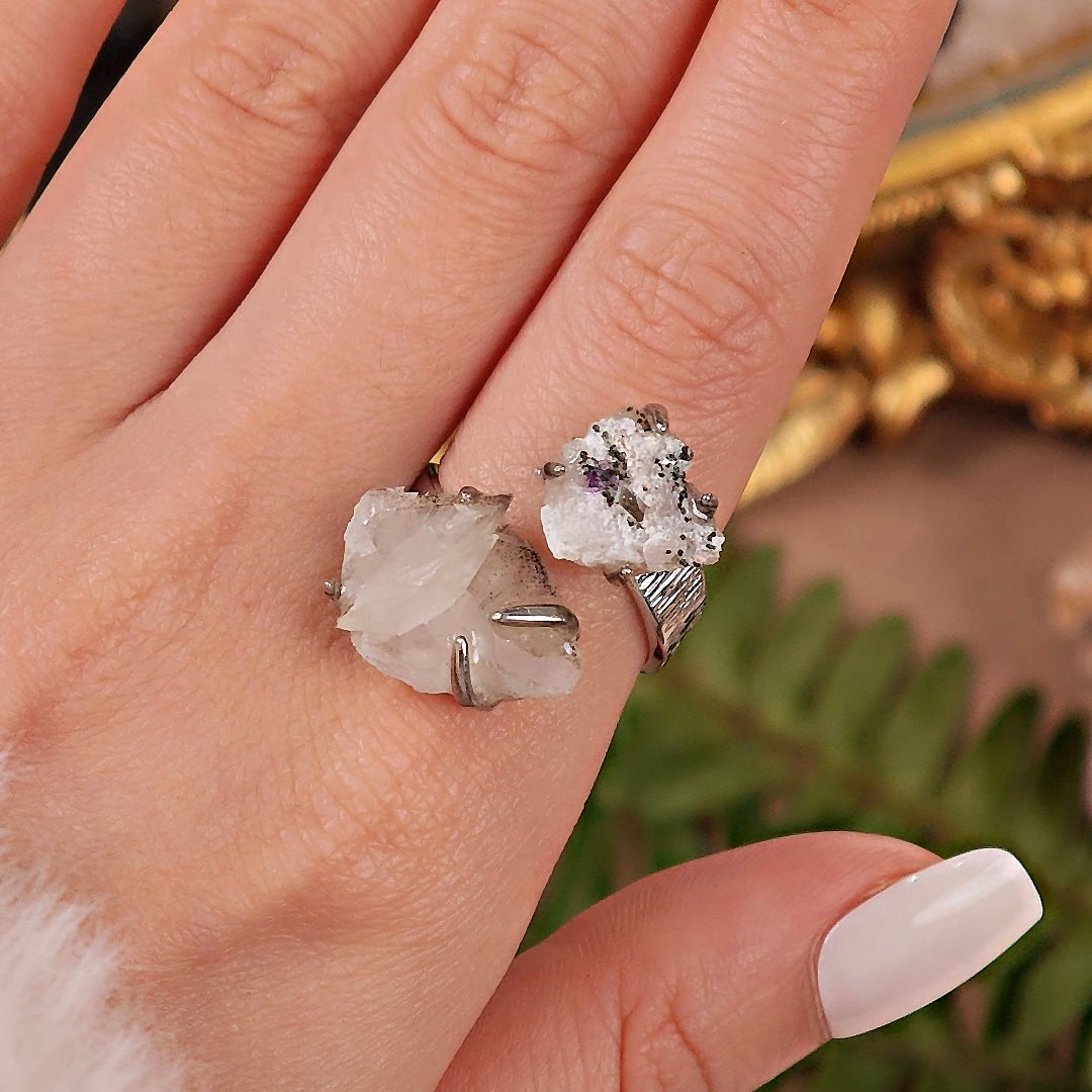 Raw Fluorite&Calcite Adjustable Ring – Natural Mineral Stone Ring, Handmade One of a Kind Jewelry-095