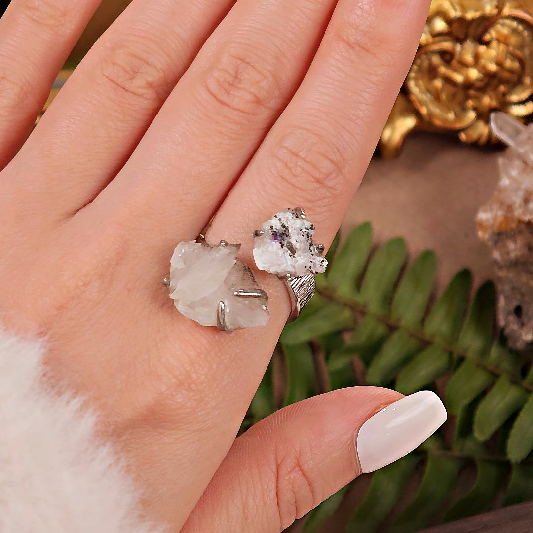 Raw Fluorite&Calcite Adjustable Ring – Natural Mineral Stone Ring, Handmade One of a Kind Jewelry-095