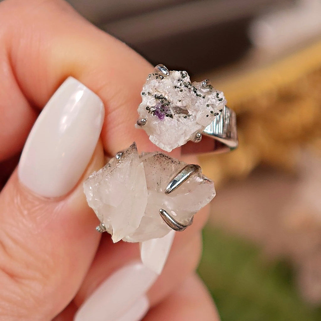 Raw Fluorite&Calcite Adjustable Ring – Natural Mineral Stone Ring, Handmade One of a Kind Jewelry-095