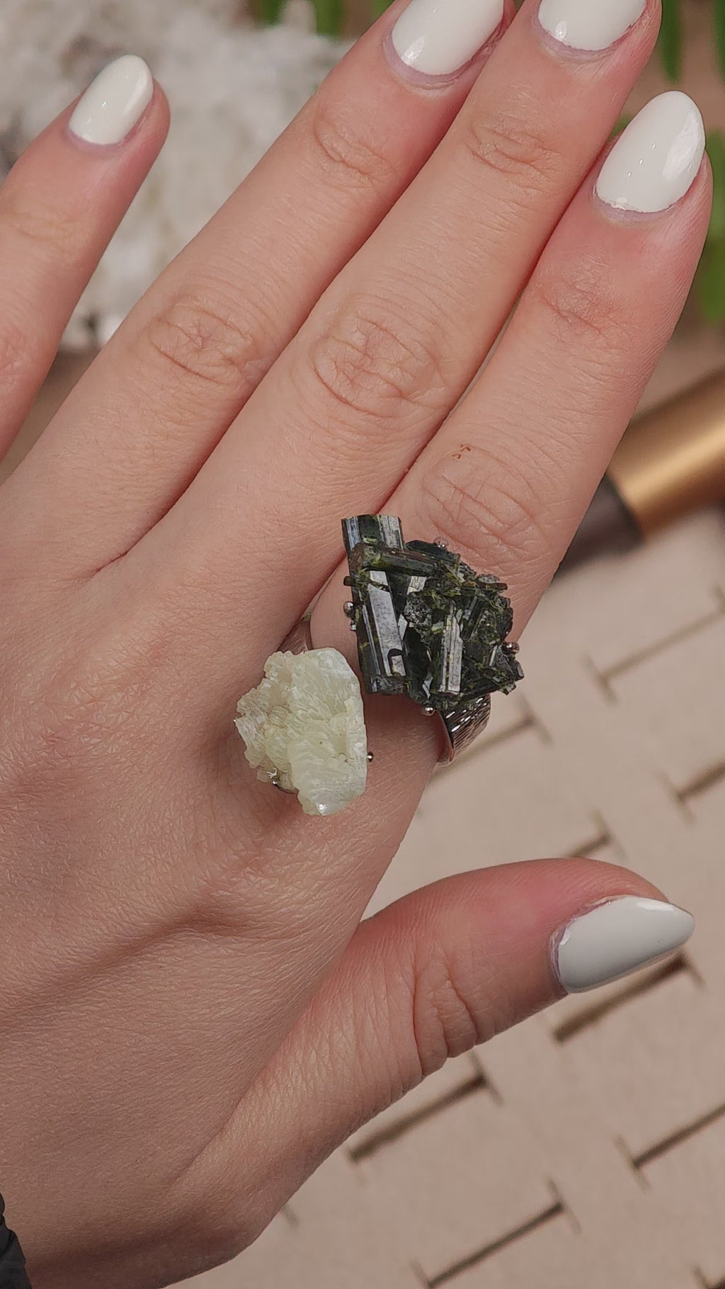 Raw Green Tourmaline+Prehnite Adjustable Ring – Natural Mineral Stone Ring, Handmade One of a Kind Jewelry-019