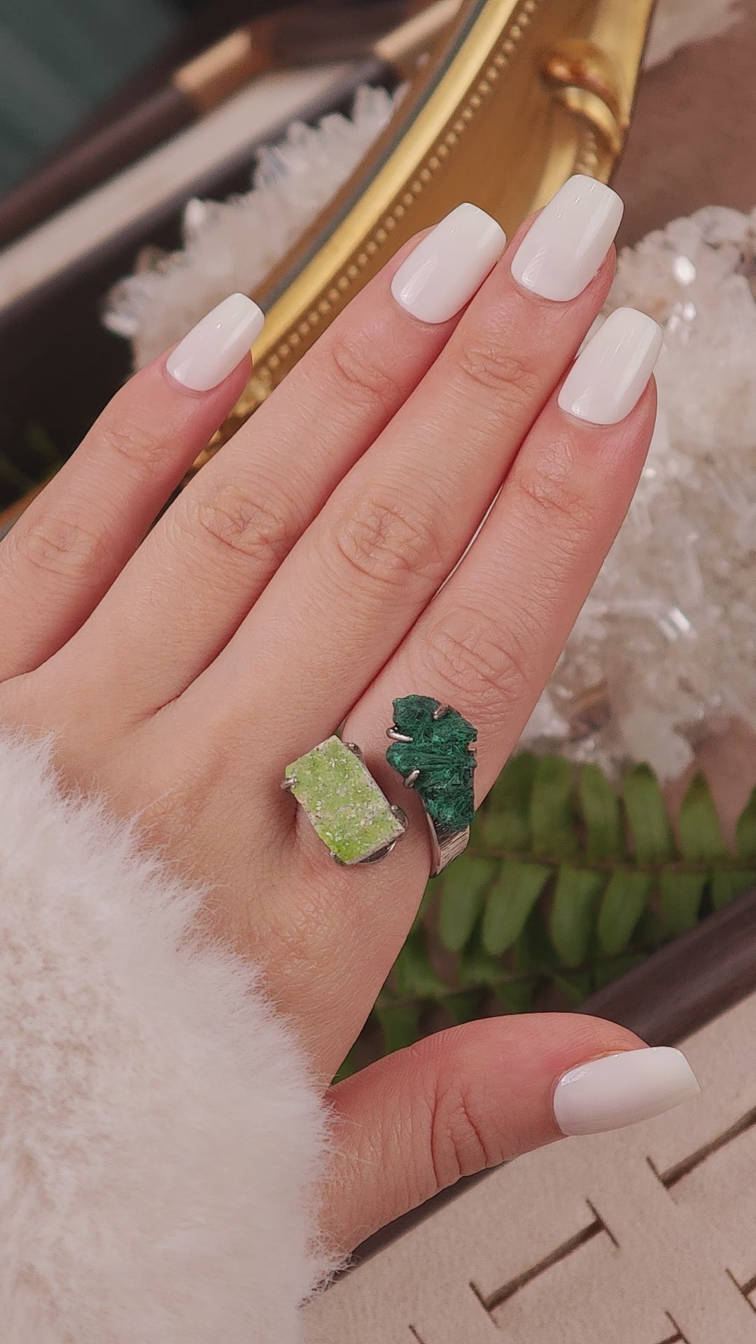 Raw Malachite&Pyromorphite Adjustable Ring – Natural Mineral Stone Ring, Handmade One of a Kind Jewelry-031