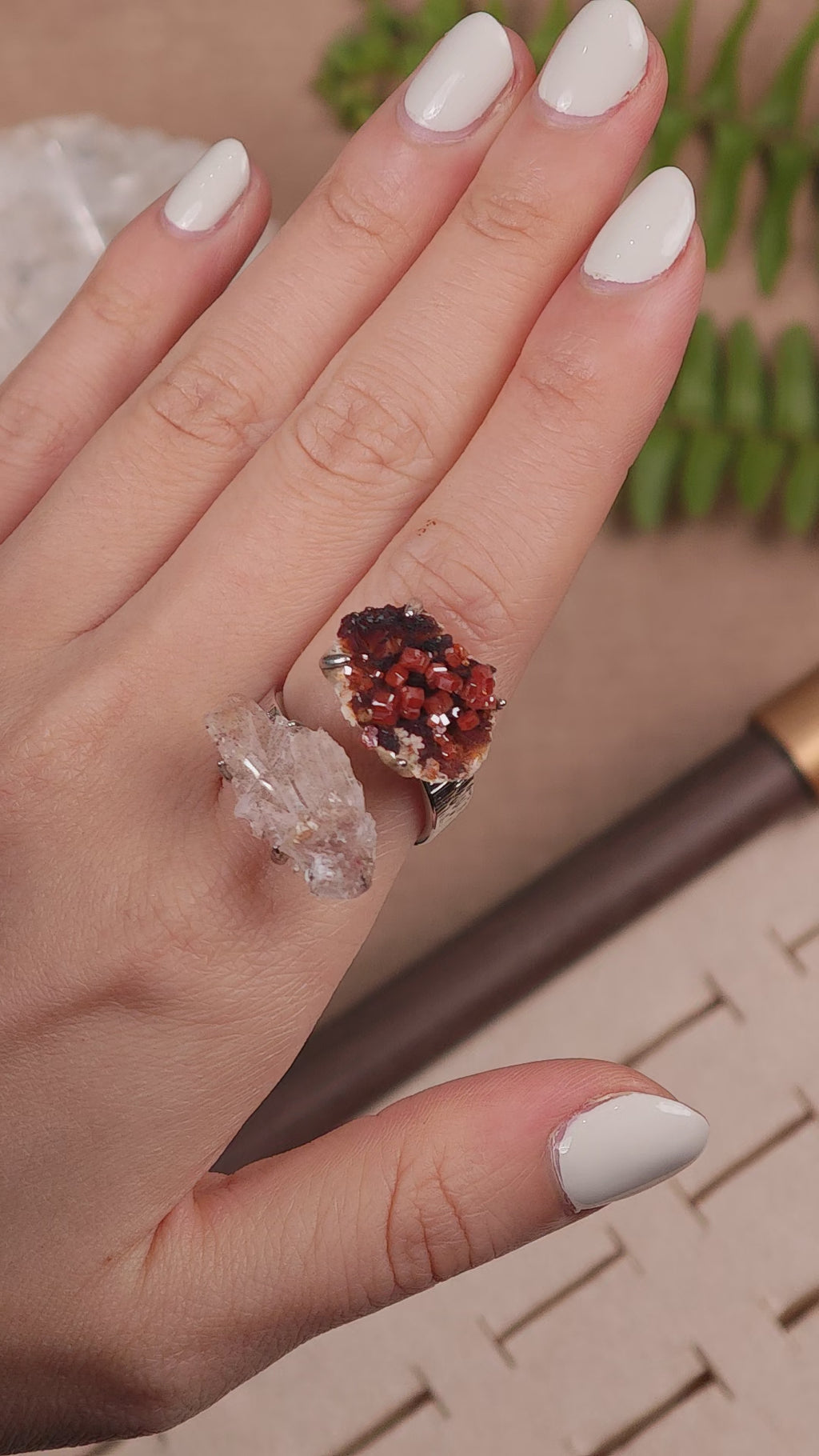 Raw Garnet+Creedite Adjustable Ring – Natural Mineral Stone Ring, Handmade One of a Kind Jewelry-017