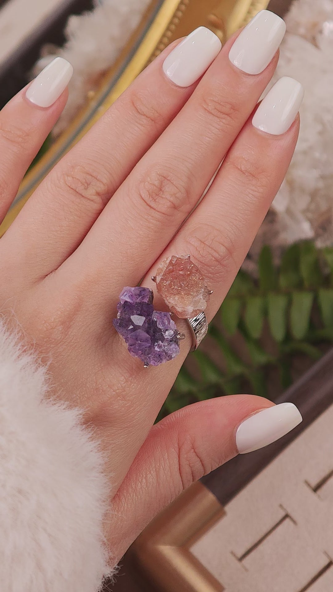 Raw Amethyst&Sunstone Adjustable Ring – Natural Mineral Stone Ring, Handmade One of a Kind Jewelry-059