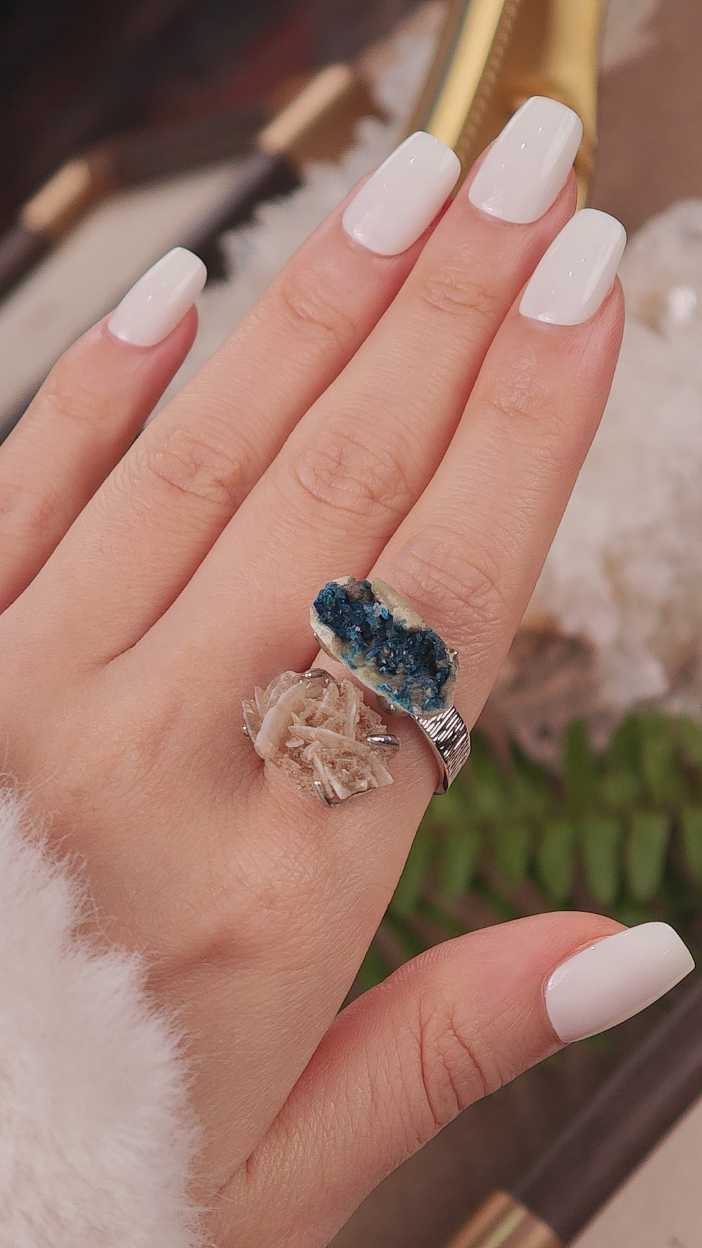 Raw Veszelyite&Desert Rose Stone Adjustable Ring – Natural Mineral Stone Ring, Handmade One of a Kind Jewelry-046