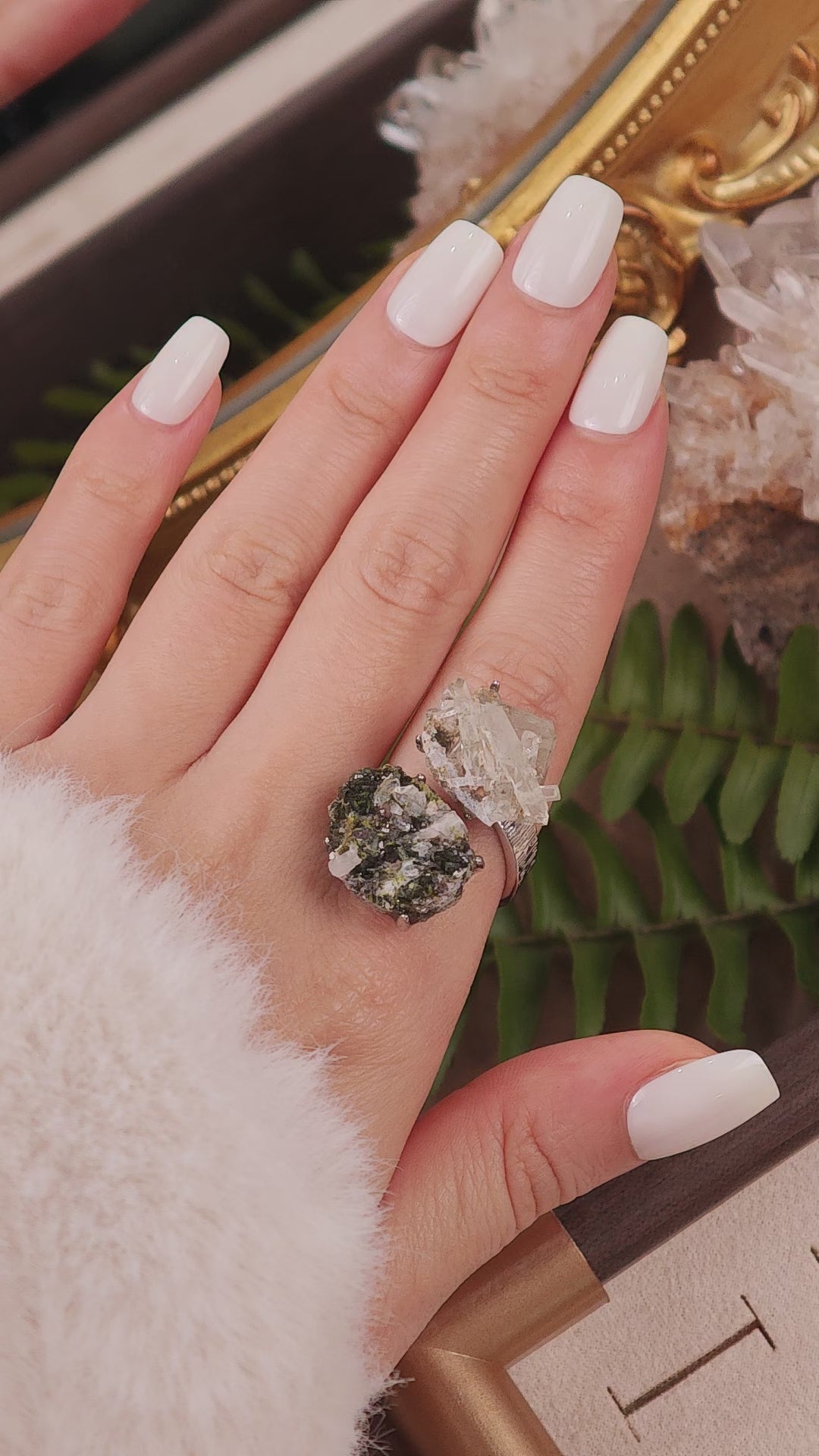 Raw Epidote&Crystal Adjustable Ring – Natural Mineral Stone Ring, Handmade One of a Kind Jewelry-056