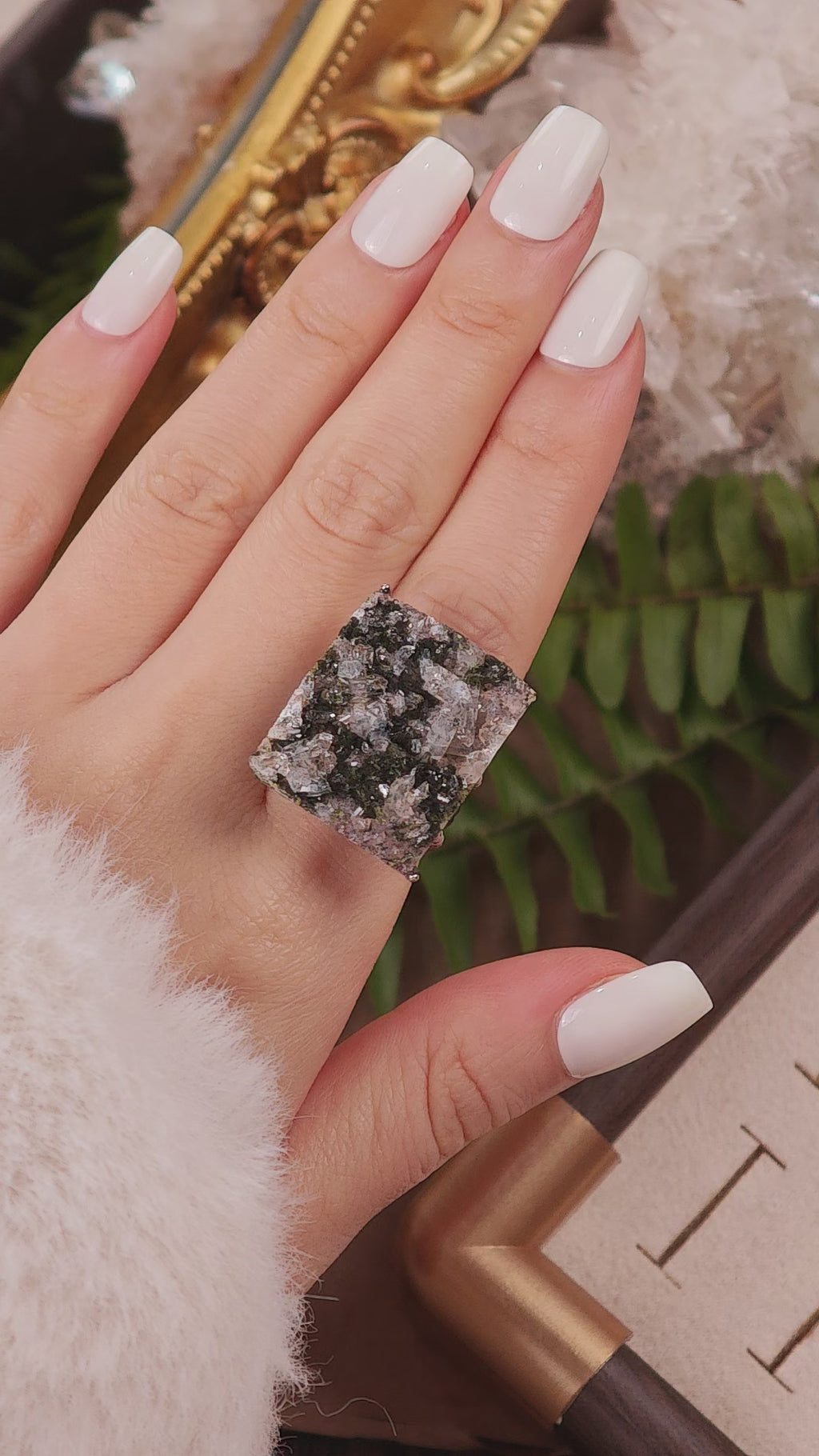 Raw Epidote&Crystal Adjustable Ring – Natural Mineral Stone Ring, Handmade One of a Kind Jewelry-038