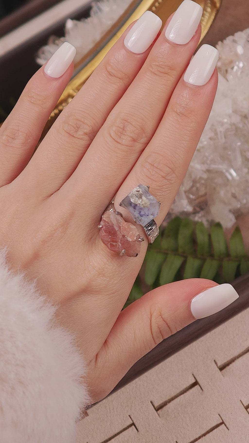 Raw YGX Fluorite&sunstone Adjustable Ring – Natural Mineral Stone Ring, Handmade One of a Kind Jewelry-032