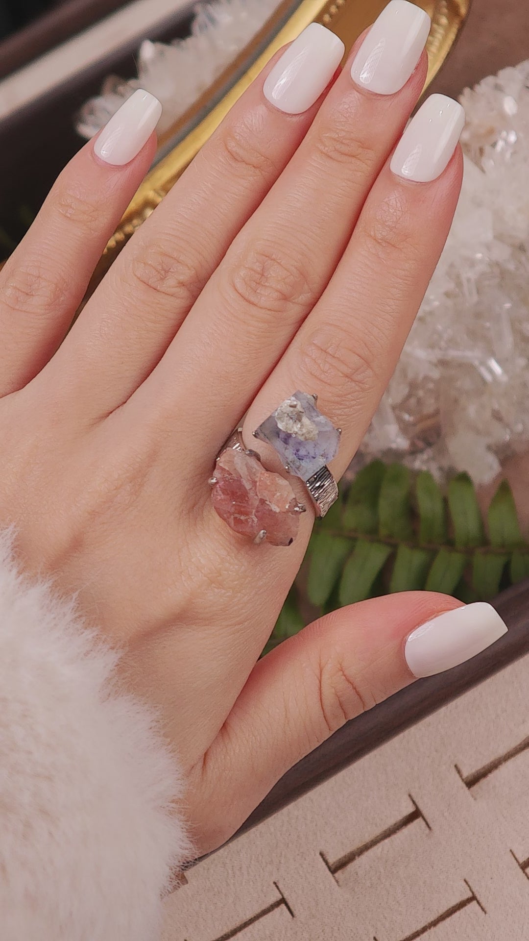 Raw YGX Fluorite&sunstone Adjustable Ring – Natural Mineral Stone Ring, Handmade One of a Kind Jewelry-032