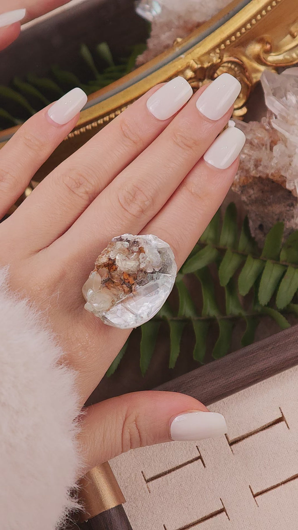 Raw Gibbsite&Gypsum Adjustable Ring – Natural Mineral Stone Ring, Handmade One of a Kind Jewelry-075